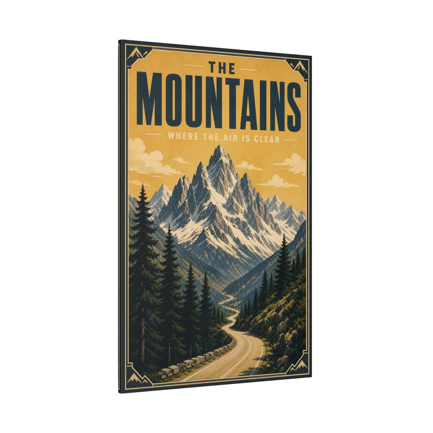 "The Mountains Where The Air Is Clear" Canvas Wall Art - Vintage Mountain Landscape Print, Golden Alpine Road Poster Style, Rustic Cabin Wall Decor - Ready to Hang - Bedroom Home Decoration