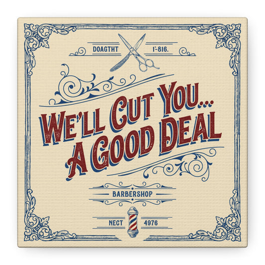 "We'll Cut You... A Good Deal" Barbershop Canvas Wall Art - Vintage Typography Sign, Retro Barber Pole And Scissors Design - Rustic Shop Decor - Salon Wall Art, Reception Area Decor - Ready to Hang
