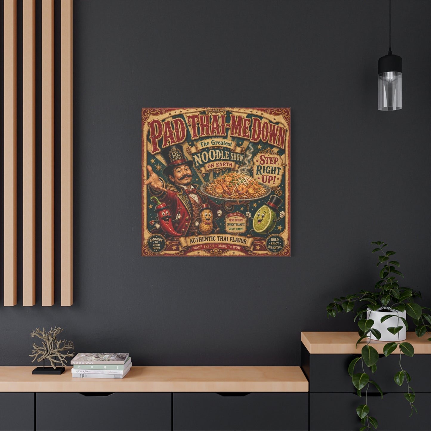 "Pad Thai-Me Down" Canvas Wall Art - Vintage Circus Noodle Poster, Typography Illustration, Whimsical Restaurant Decor, Cafe Wall Decor, Retro Kitchen Accent, Matte Canvas Print - Ready to Hang