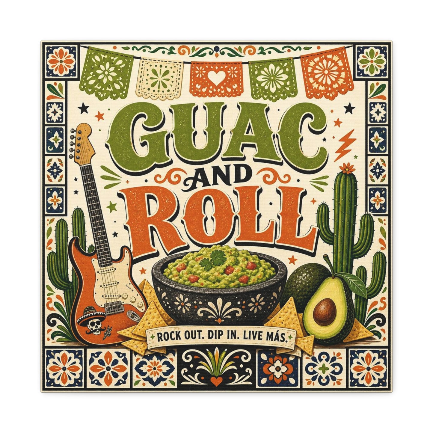 "Guac And Roll" Typography Canvas Wall Art - Fiesta Guitar, Cactus, Avocado Folk Illustration - Bohemian Rustic Style - Kitchen Wall Decor, Dining Room Accent, Cafe Wall Decor - Modern Farmhouse Style