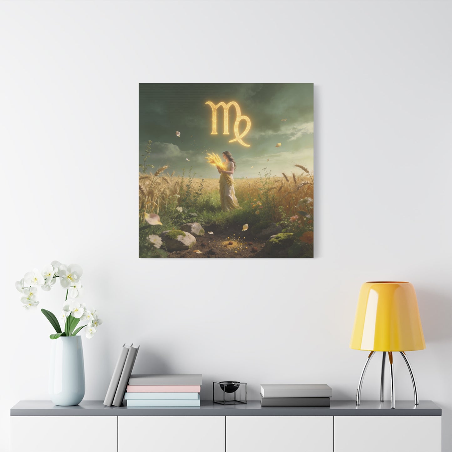Virgo Zodiac Canvas Wall Art - Glowing Virgo Symbol, Woman In Wheat Field - Mystical Celestial Illustration, Matte Canvas Print - Bedroom Wall Decor, Meditation Space Accent - Bedroom Home Decoration