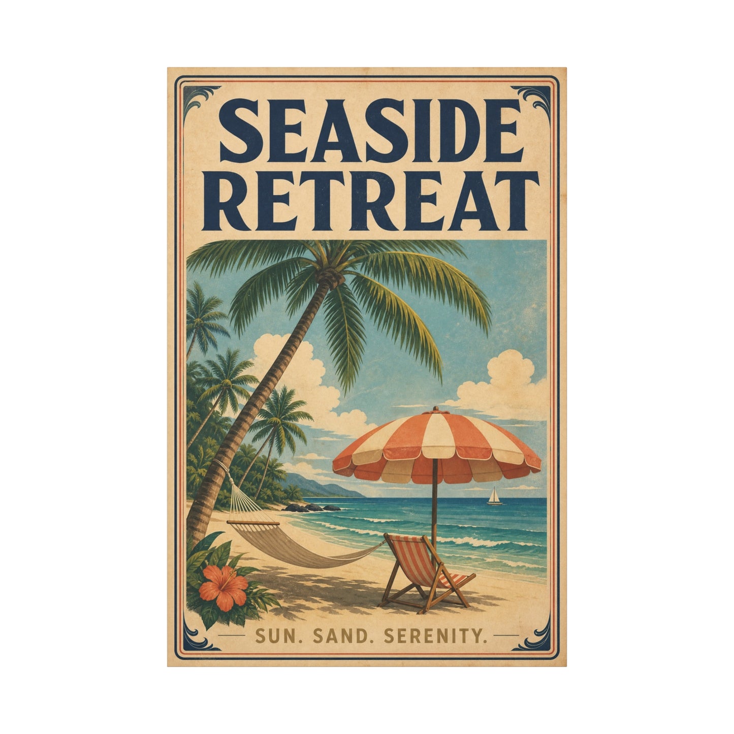 "Seaside Retreat" Tropical Beach Canvas Wall Art - Vintage Coastal Palm Tree Hammock Poster Print, Sun Sand Serenity Typography, Retro Ocean Decor For Bedroom Living Room - Living Room Wall Decor