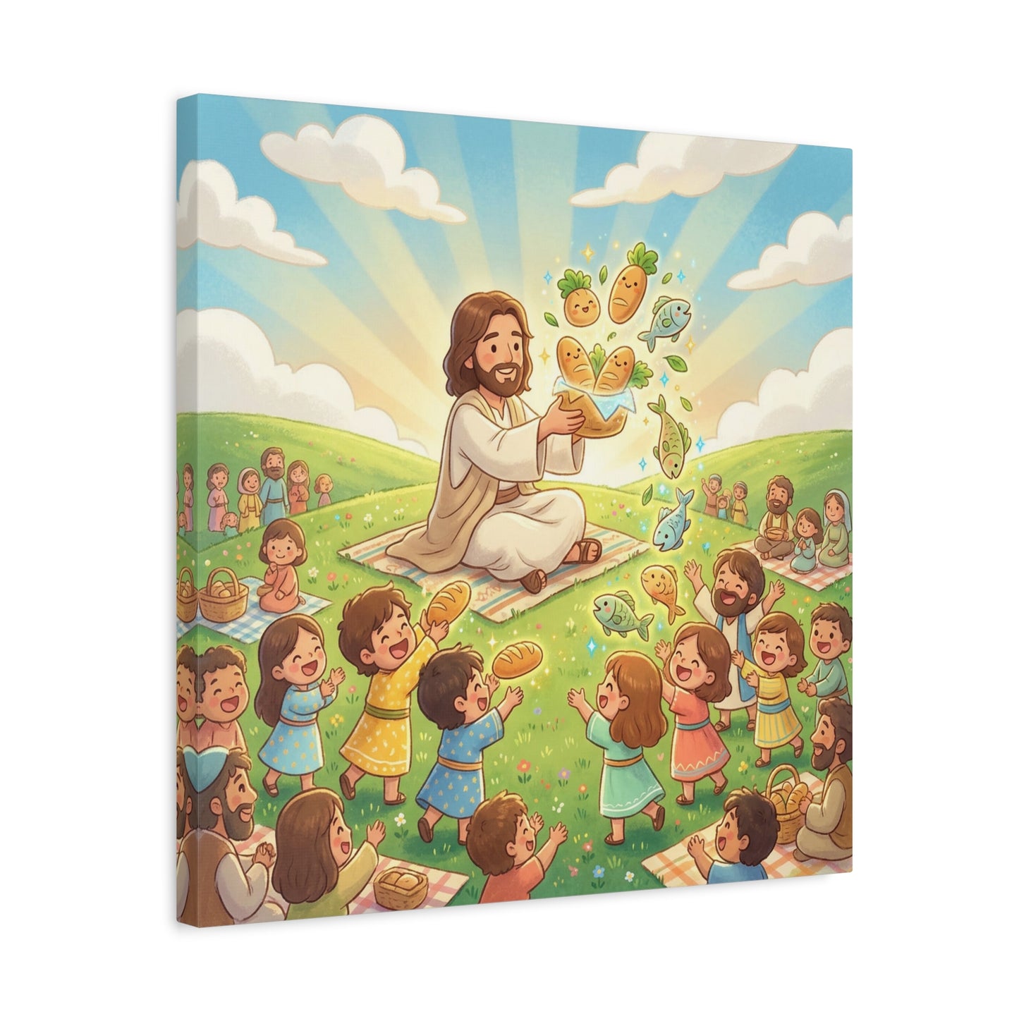 Jesus Feeding Multitude Canvas Wall Art - Loaves And Fish Bible Scene, Christian Nursery Decor - Matte Cotton Print, Kids Room Wall Decor, Sunday School Classroom - Bedroom Home Decoration