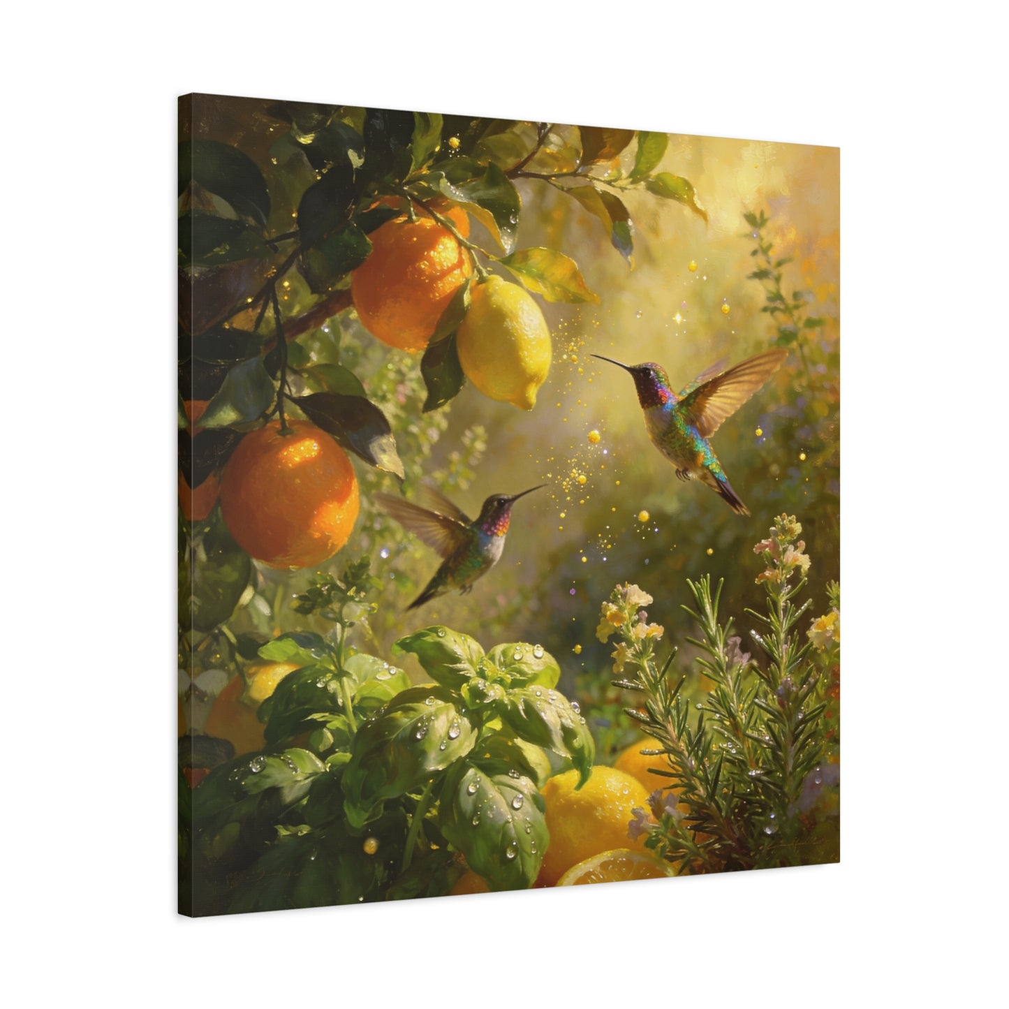 Hummingbird Citrus Canvas Wall Art - Lemon Orange Botanical Garden Print - Golden Light, Nature Home Decor, Living Room Wall Decor, Bedroom Home Decoration, Matte Finish Canvas - Cozy Reading Nook Art