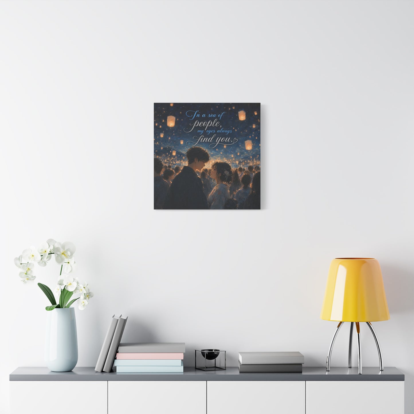"In A Sea Of People, My Eyes Always Find You." Couple Canvas Wall Art - Romantic Lantern Night Scene, Blue Gold Typography Print, Bedroom Decor - Bedroom Home Decoration - Living Room Wall Decor