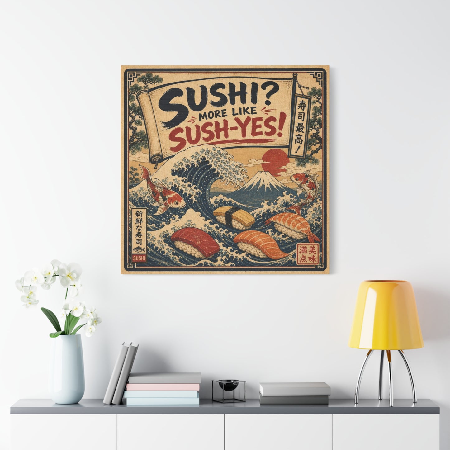 "Sushi? More Like Sush-Yes!" Sushi Canvas Wall Art - Japanese Wave, Mount Fuji, Koi Fish Illustration - Vintage Typography Style - Kitchen Wall Decor, Dining Room Home Accent - Bedroom Home Decoration