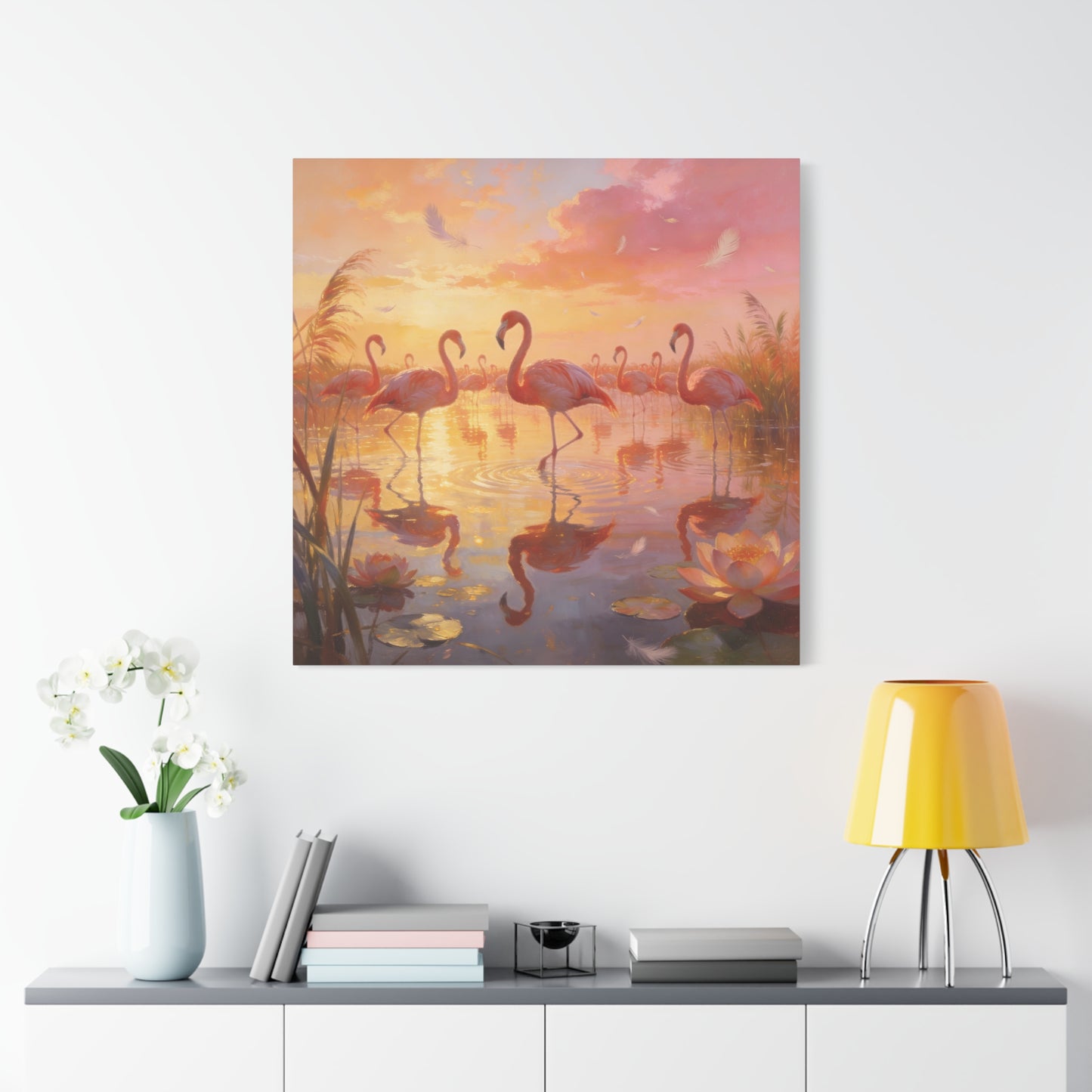 Pink Flamingo Canvas Wall Art - Sunset Wetland Birds, Lotus Pond Reflections - Dreamy Tropical Illustration, Matte Canvas Print - Living Room Wall Decor, Bedroom Home Decoration - Ready to Hang
