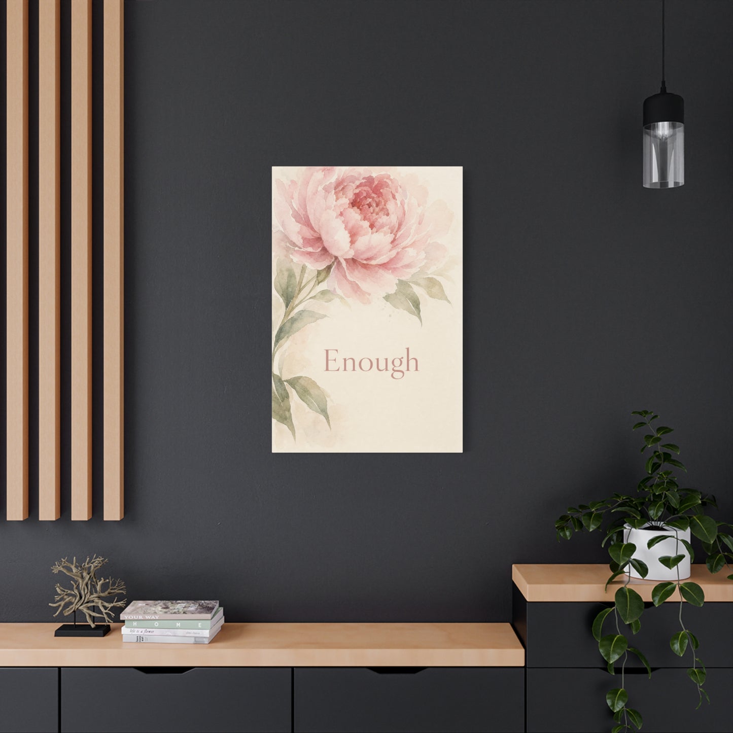 "Enough" Peony Canvas Wall Art - Pink Watercolor Floral Inspirational Print - Soft Botanical Bedroom Wall Decor - Feminine Home Decoration - Bedroom Home Decoration - Modern Farmhouse Style