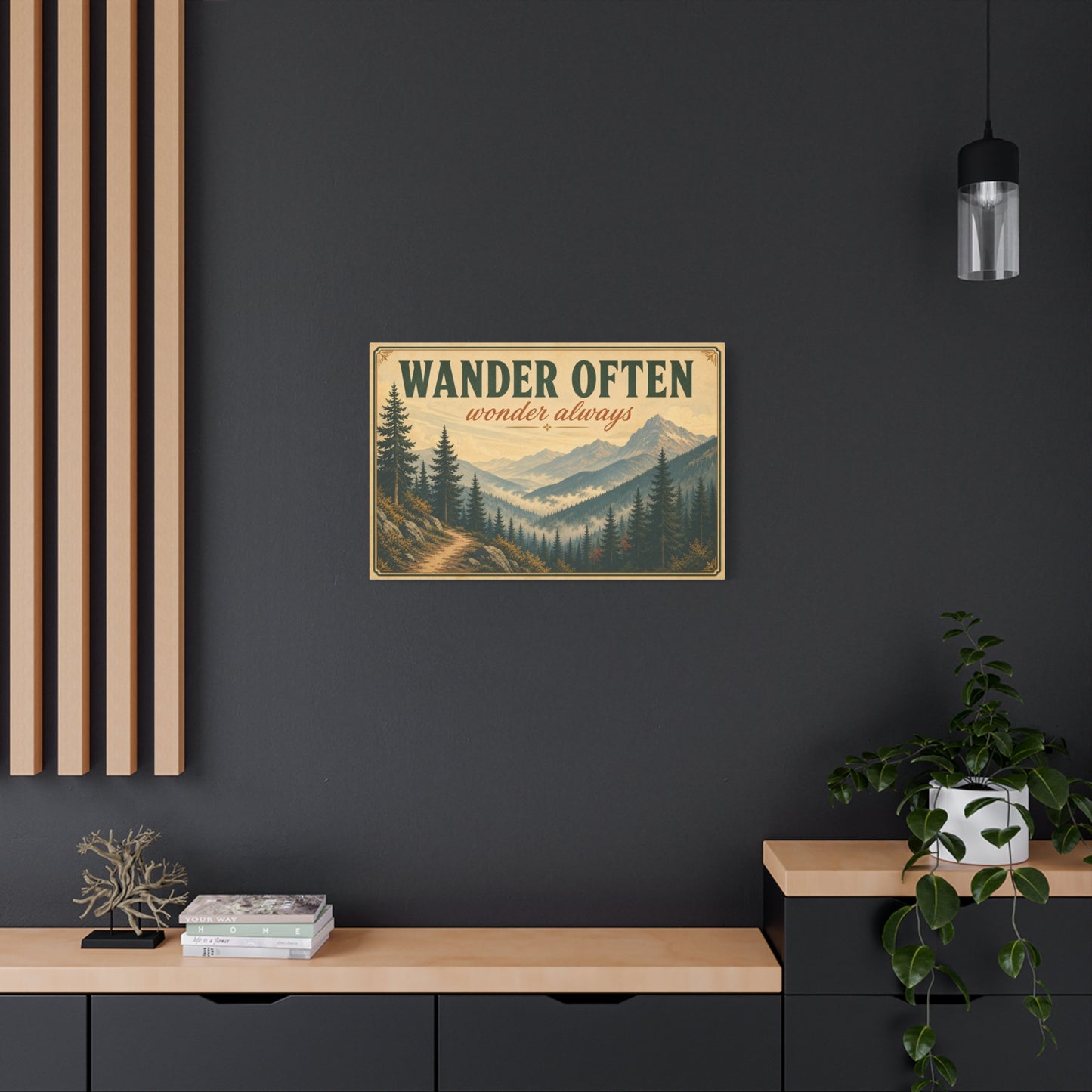 "Wander Often Wonder Always" Mountain Canvas Wall Art - Vintage Forest Landscape Quote Decor, Rustic Matte Print, Cabin Style Living Room Wall Decor, Bedroom Home Decoration - Bedroom Home Decoration