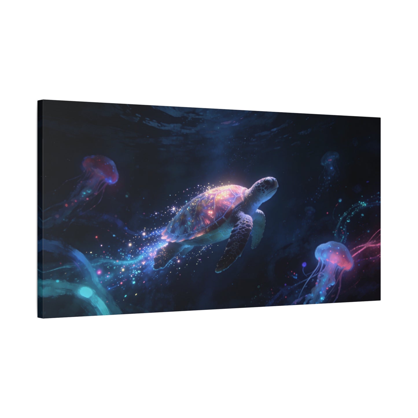 Sea Turtle Canvas Wall Art - Glowing Underwater Jellyfish Ocean Scene, Fantasy Marine Canvas Print - Contemporary Blue Seascape - Living Room Wall Decor, Bedroom Home Accent - Bedroom Home Decoration