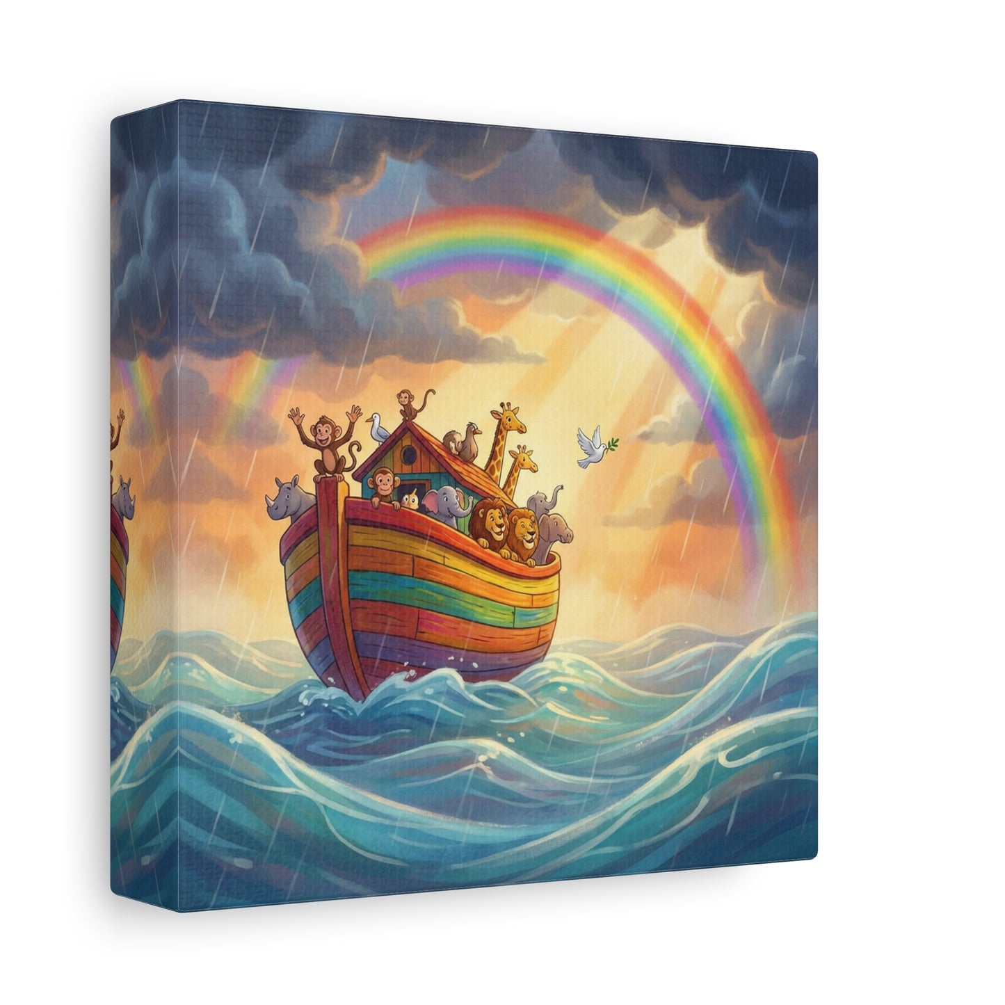 Noahs Ark Canvas Wall Art - Rainbow Animal Boat Nursery Decor - Cotton Canvas Print, Kids Bedroom Home Decoration, Playroom Wall Hanging, Biblical Story Illustration, Classroom Accent - Ready to Hang