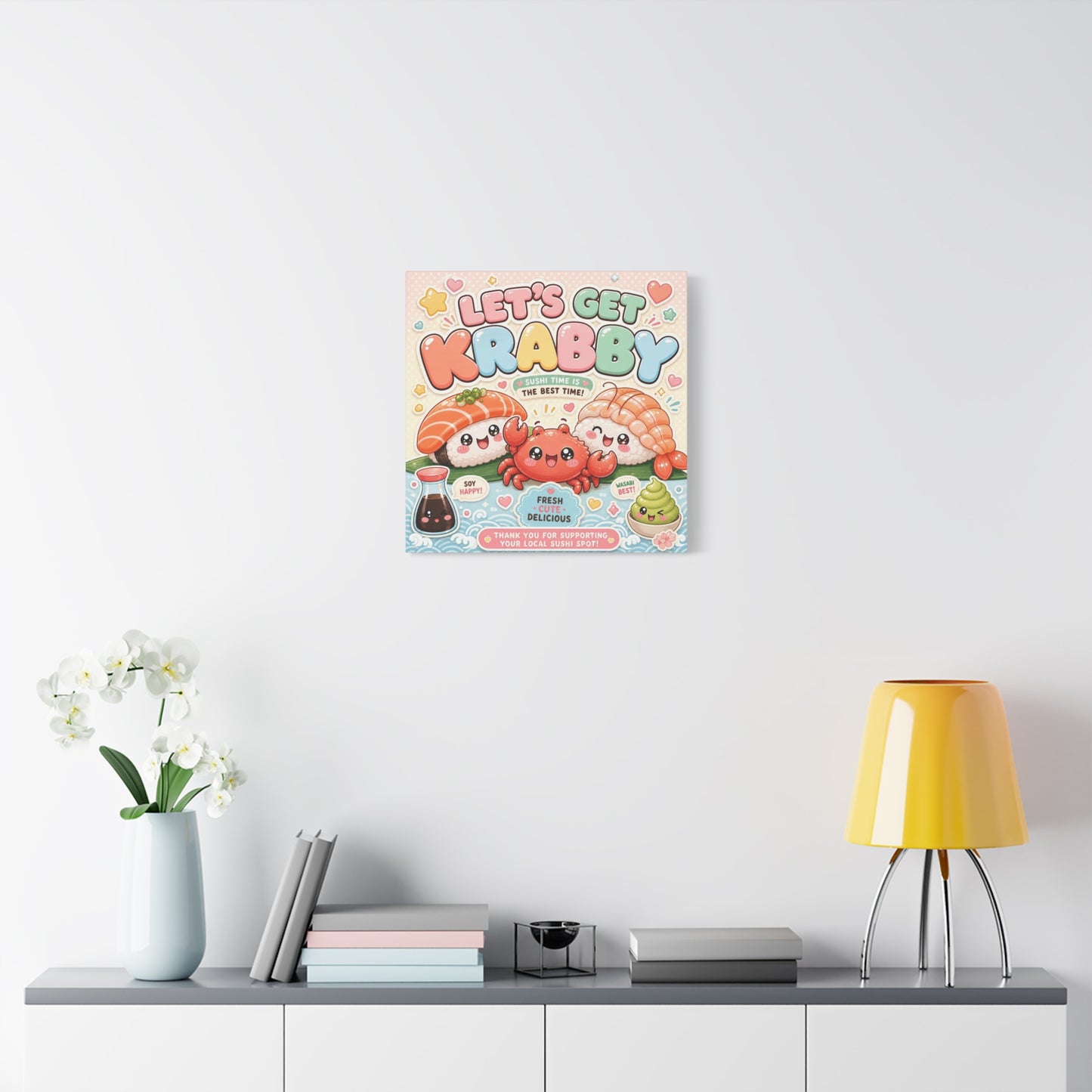 "Let's Get Krabby" Sushi Quote Canvas Wall Art - Kawaii Salmon Nigiri Shrimp Crab Illustration - Pastel Typography - Cafe Wall Decor, Restaurant Wall Hanging, Cute Food Sign - Reception Area Decor