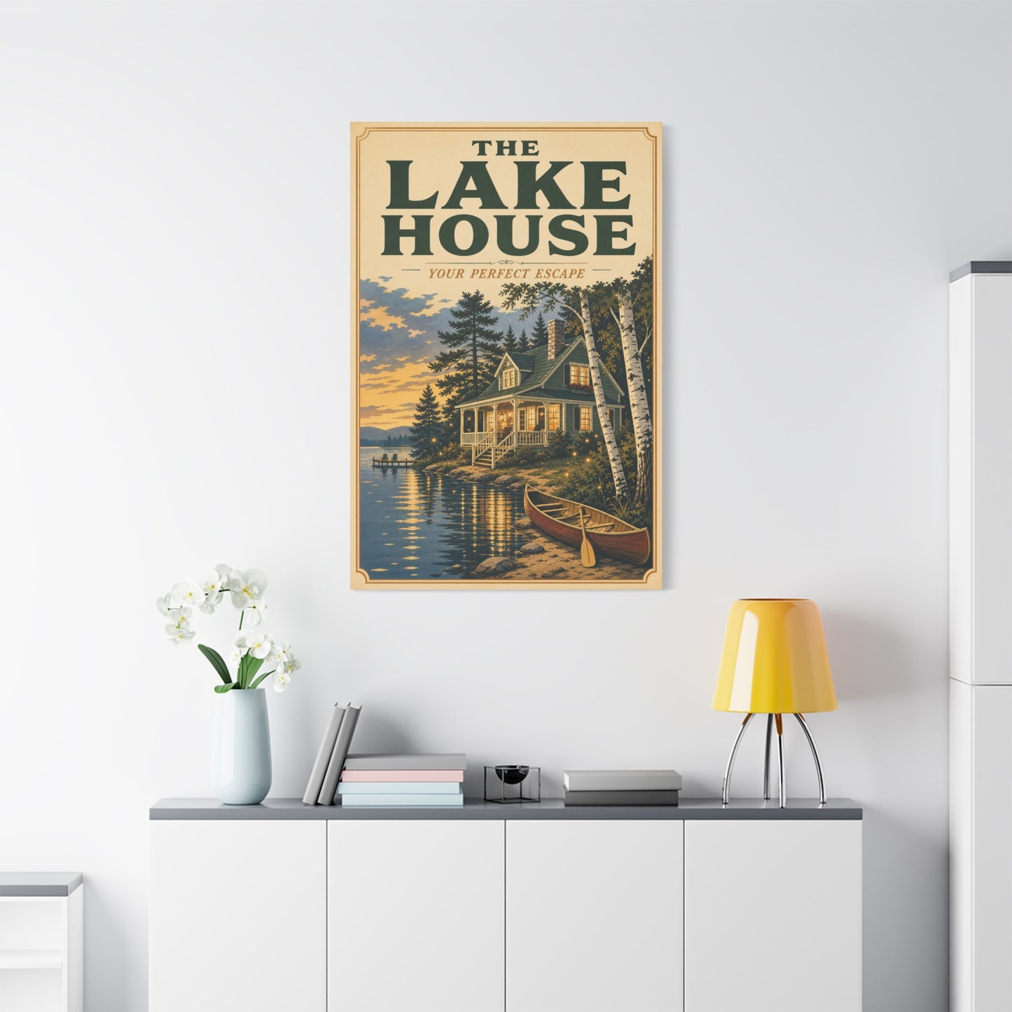 "The Lake House Your ideal Escape" Canvas Wall Art - Vintage Lakeside Cabin, Canoe And Birch Trees - Rustic Landscape Print - Living Room Wall Decor, Cabin Home Decoration - Bedroom Home Decoration