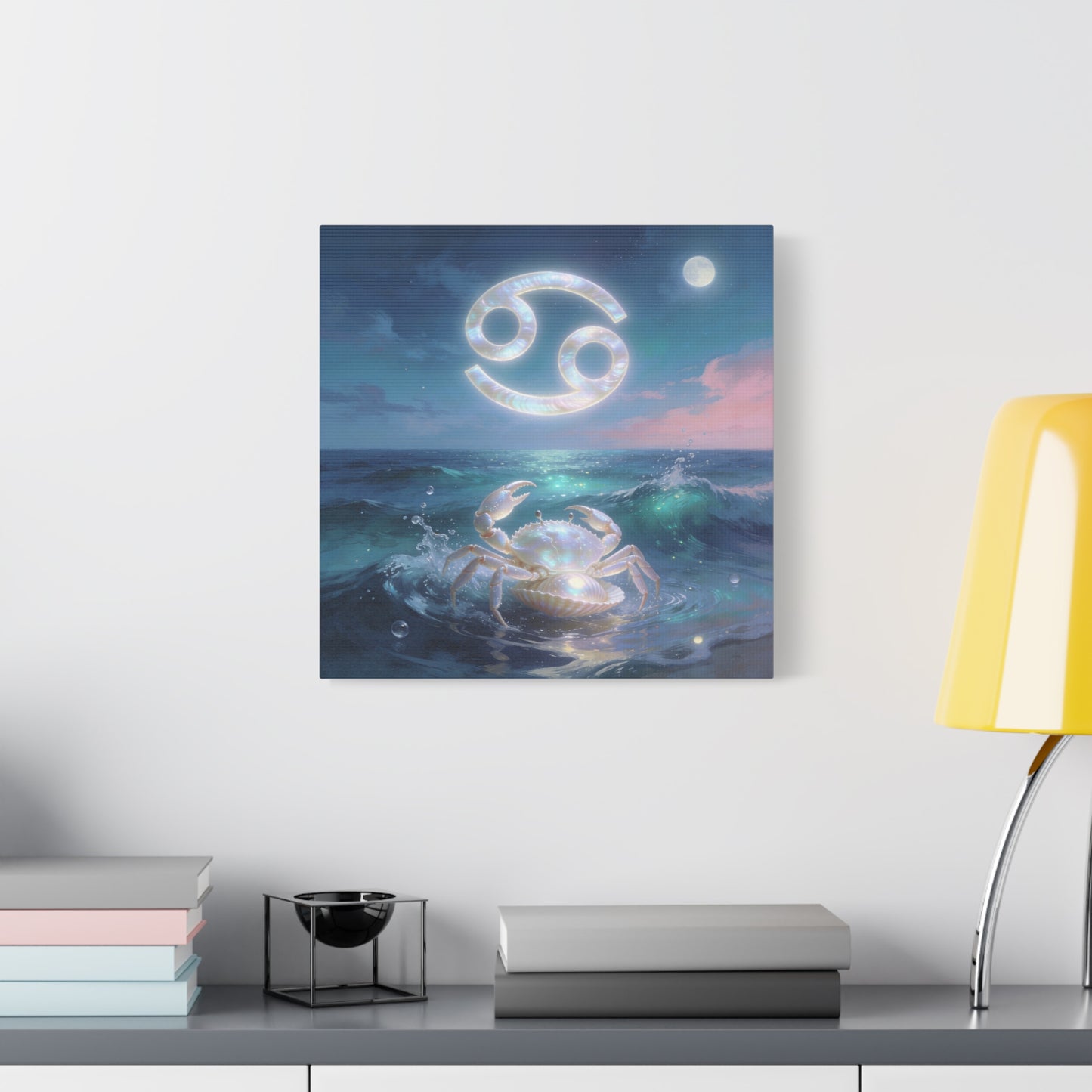 Cancer Zodiac Canvas Wall Art - Moonlit Ocean Crab, Iridescent Shell Symbol - Coastal Celestial Print, Dreamy Blue Seascape - Bedroom Home Decoration, Living Room Wall Decor - Bedroom Home Decoration