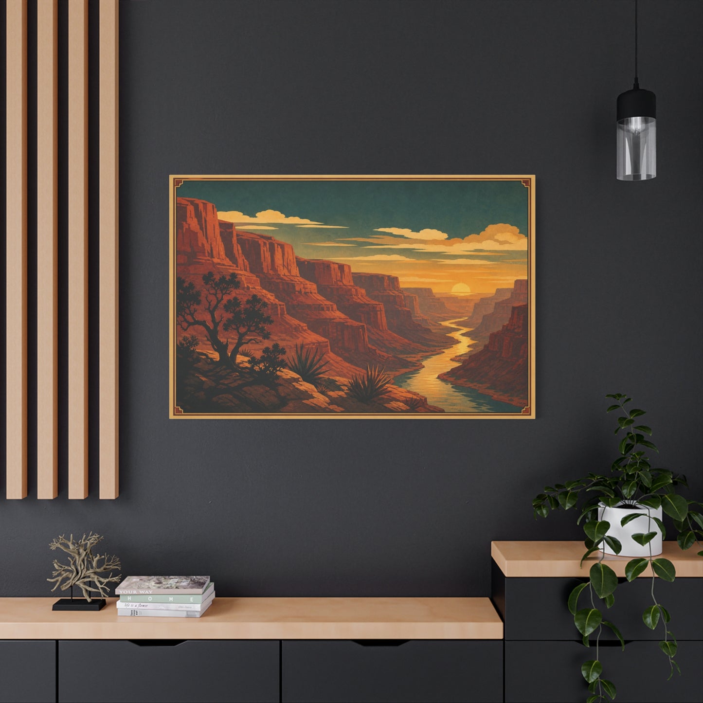 Desert Canyon Sunset Canvas Wall Art - Southwestern River Landscape Print, Vintage Travel Style - Golden Sky, Rustic Home Decor, Living Room Decoration - Ready to Hang - Living Room Wall Decor