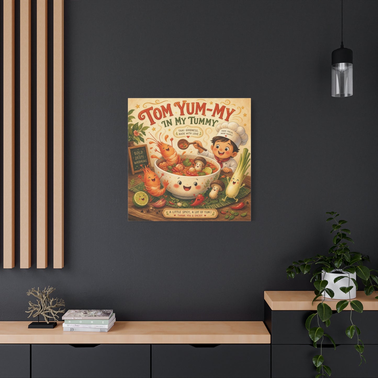 "Tom Yum-My In My Tummy" Canvas Wall Art - Cute Thai Soup Chef Illustration, Whimsical Kitchen Decor - Matte Cotton Canvas Print - Vintage Style Dining Room Wall Decor - Bedroom Home Decoration