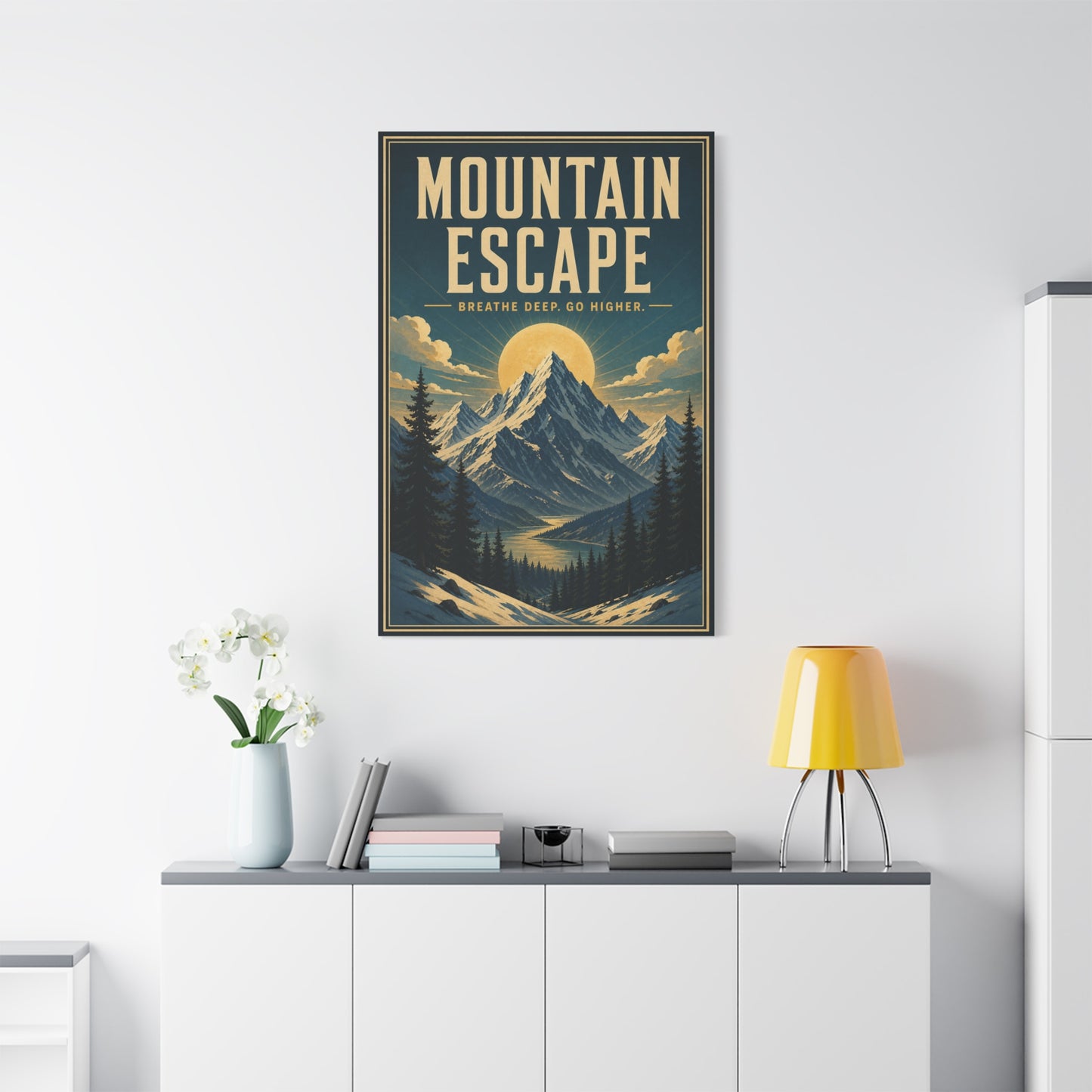 "Mountain Escape Breathe Deep. Go Higher." Canvas Wall Art - Vintage Mountain Landscape Poster Print, Sunlit Alpine Peaks, Rustic Lodge Style, Living Room Wall Decor, Office Art - Ready to Hang