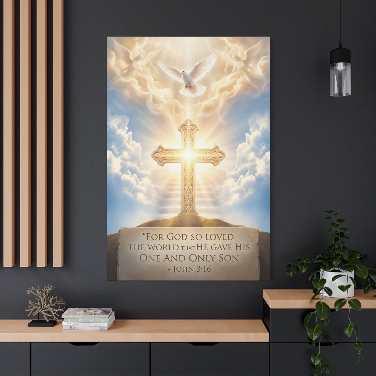 "For God So Loved The World That He Gave His One And Only Son" Christian Canvas Wall Art - Glowing Cross, Dove And Angels - Traditional Religious Wall Decor - Bedroom Living Room - Ready to Hang