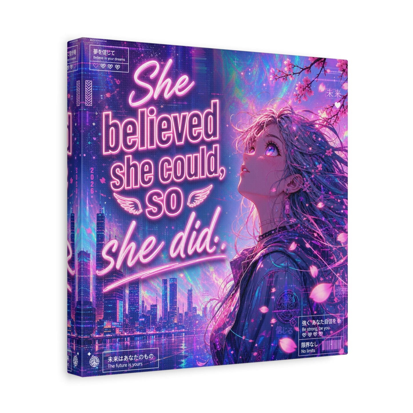 "She Believed She Could, So She Did" Anime Girl Canvas Wall Art - Neon Sakura Cityscape, Inspirational Typography Print - Contemporary Bedroom Wall Decor, Teenager Room Decor - Bedroom Home Decoration