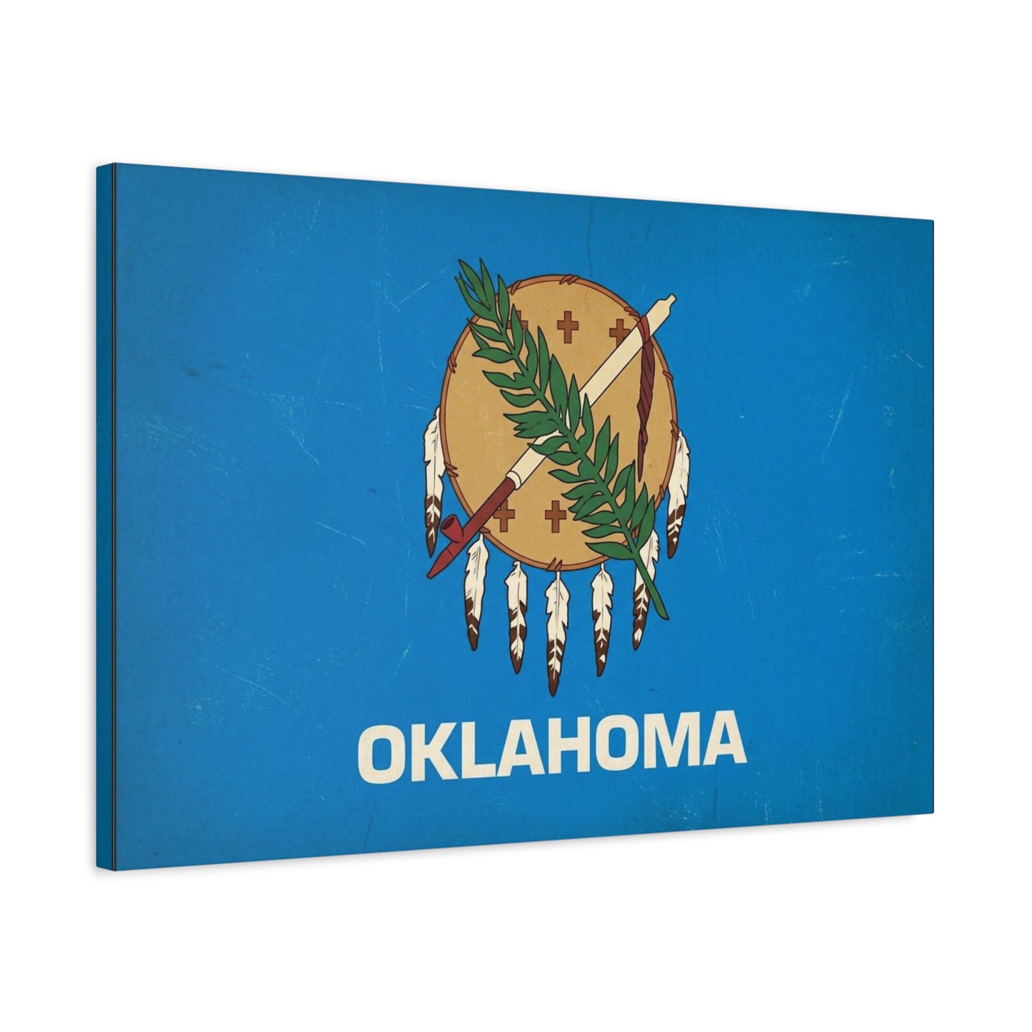 "OKLAHOMA" State Flag Canvas Wall Art - Vintage Blue Shield, Olive Branch And Peace Pipe Print - Rustic Americana Style - Living Room Decor, Office Wall Accent - Ready to Hang - Modern Farmhouse Style