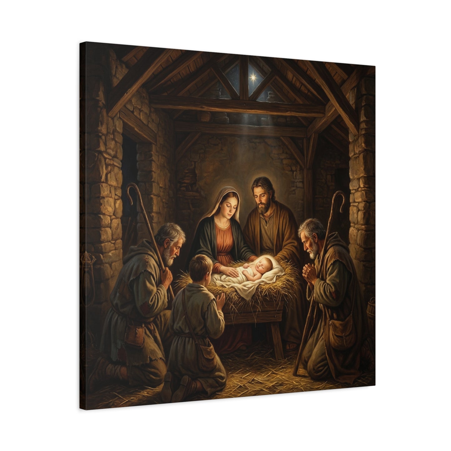 Nativity Scene Canvas Wall Art - Baby Jesus, Virgin Mary, Saint Joseph In Bethlehem Stable - Matte Cotton Print For Living Room Bedroom - Living Room Wall Decor - Bedroom Home Decoration