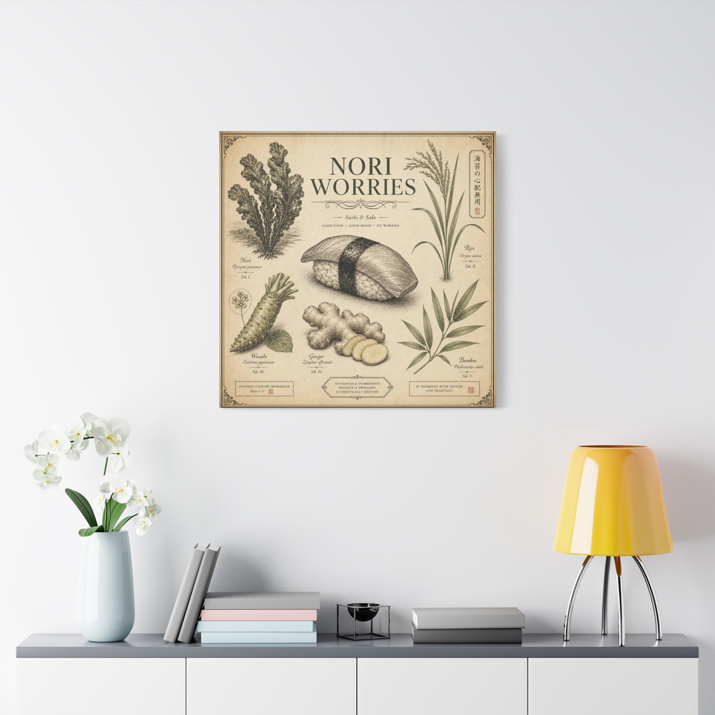 "Nori Worries" Sushi And Sake Canvas Wall Art - Vintage Japanese Culinary Herbarium Print, Rice Nori Wasabi Ginger Bamboo Illustration - Kitchen Wall Decor, Dining Room Accent - Modern Farmhouse Style