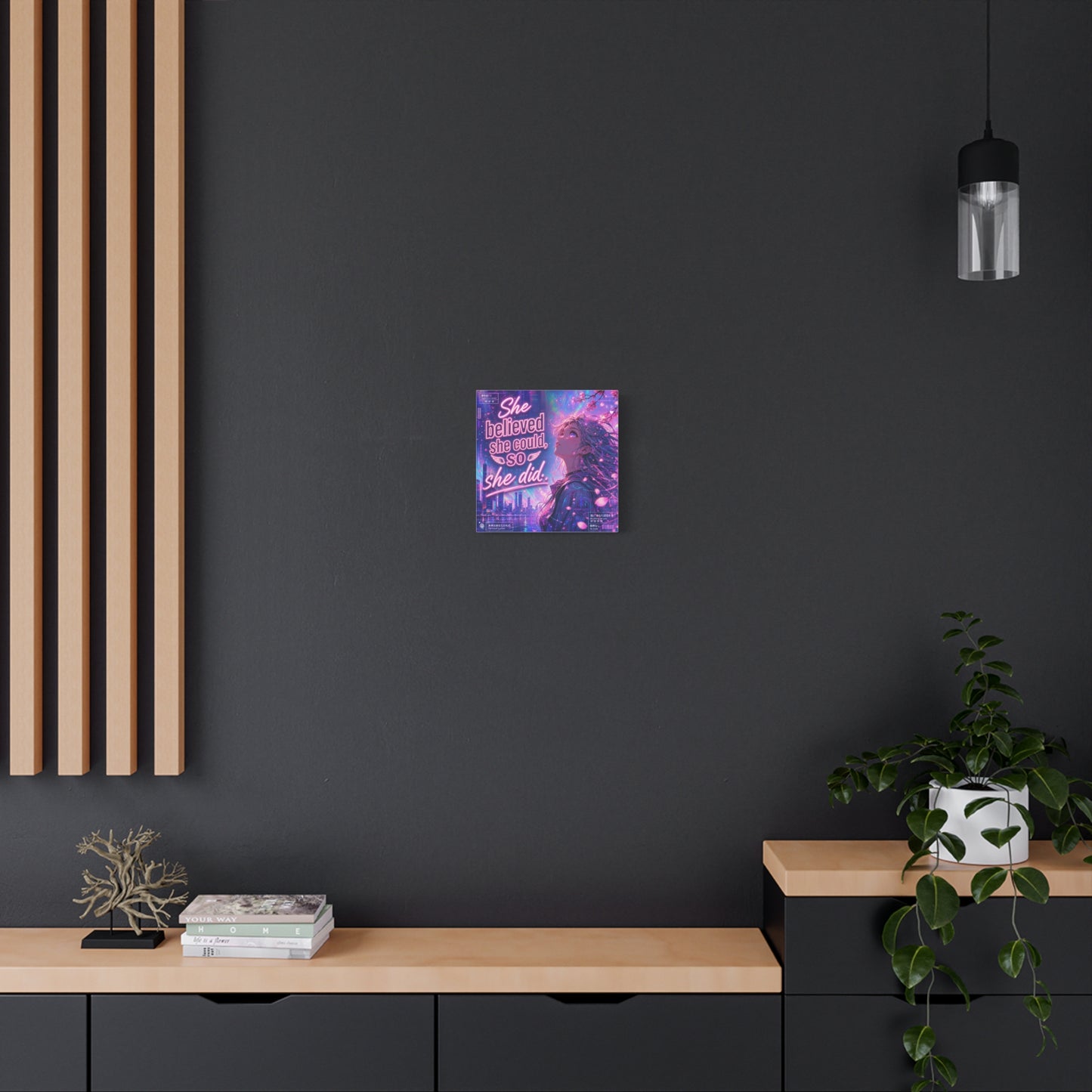 "She Believed She Could, So She Did" Anime Girl Canvas Wall Art - Neon Sakura Cityscape, Inspirational Typography Print - Contemporary Bedroom Wall Decor, Teenager Room Decor - Bedroom Home Decoration