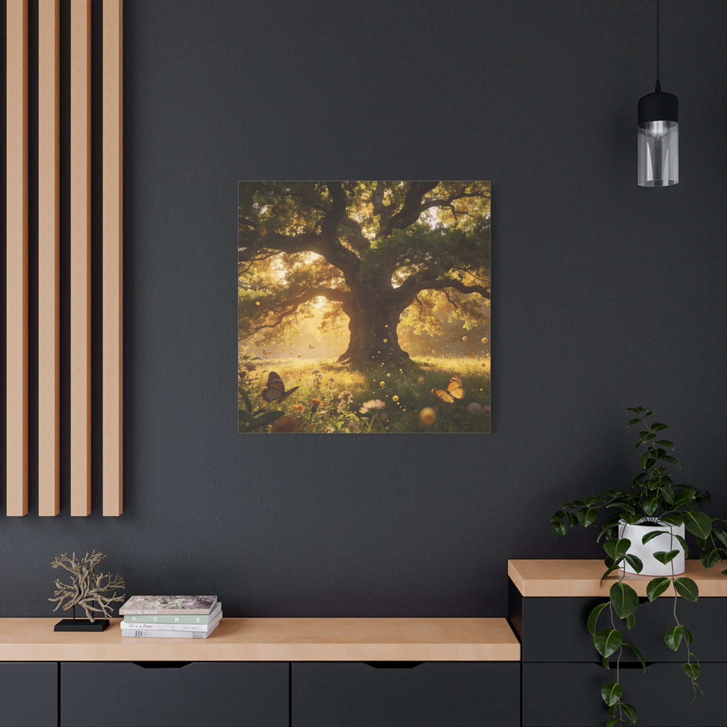 Sunlit Oak Tree Canvas Wall Art - Golden Meadow Butterflies, Nature Landscape Print - Matte Cotton Art Print, Traditional Style - Living Room Wall Decor, Bedroom Home Decoration - Ready to Hang