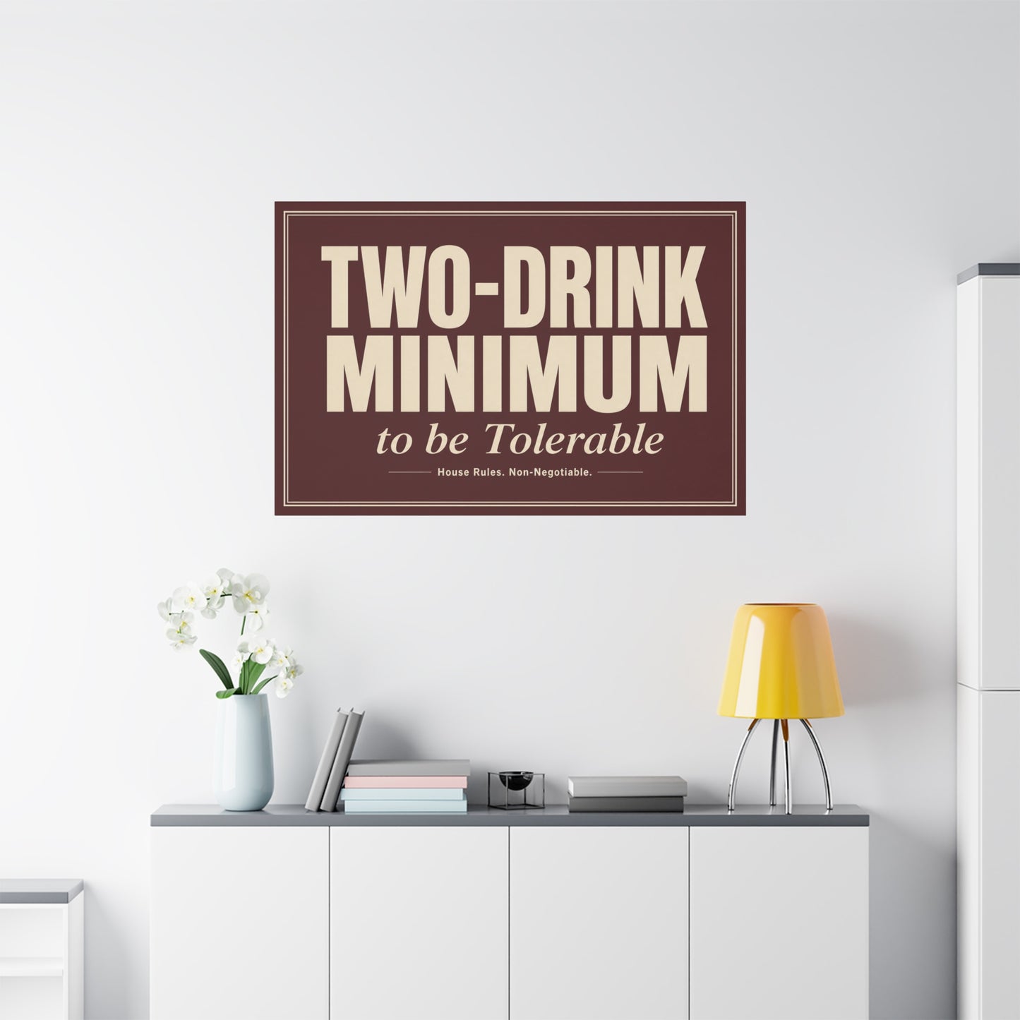 "TWO-DRINK MINIMUM to be Tolerable" Funny Typography Canvas Wall Art - Vintage Bar Quote Decor, Retro Humor Sign, Burgundy Cream Wall Hanging - Ready to Hang - Cocktail Lounge Decor - HP Latex Print