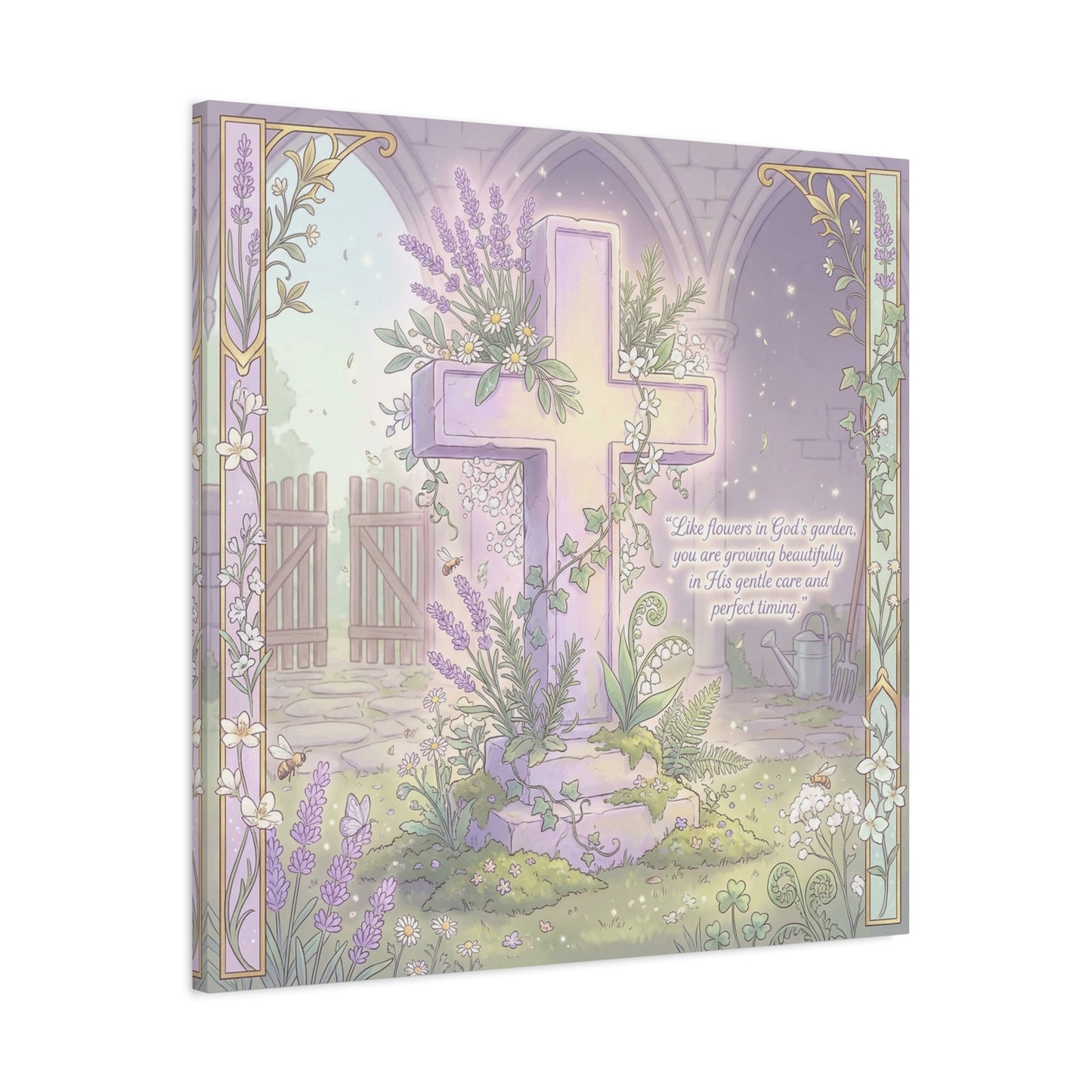 "Like Flowers In God's Garden, You Are Growing Beautifully" Christian Canvas Wall Art - Floral Cross Scripture Decor - Lavender Garden Illustration - Bedroom Home Decoration, Living Room Accent