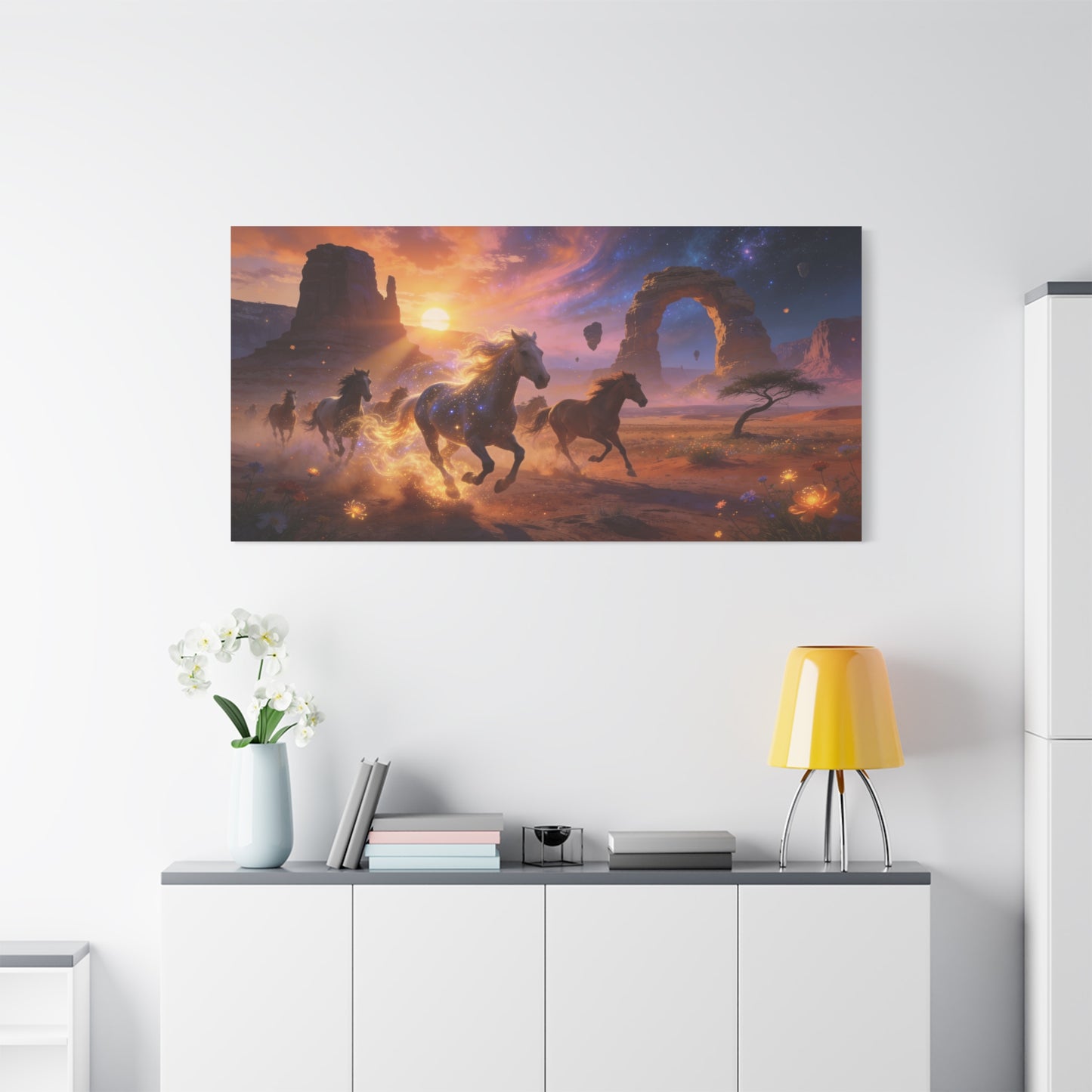 Celestial Wild Horses Canvas Wall Art - Fantasy Desert Arch Sunset, Glowing Galaxy Sky - Matte Cotton Print - Contemporary Landscape Style - Living Room Wall Decor - Bedroom Home Decoration