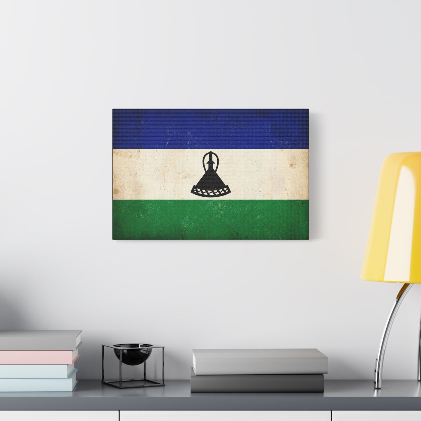 Lesotho Flag Canvas Wall Art - Vintage Blue White Green Tricolor With Basotho Hat Emblem, Distressed National Banner Print - Rustic Patriotic Decor For Living Room Bedroom Office - Office Wall Art