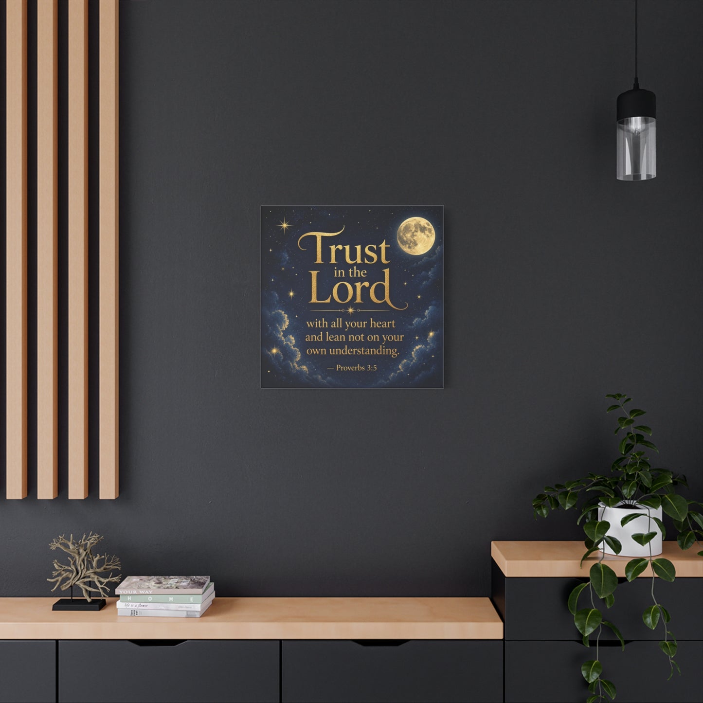 "Trust In The Lord" Bible Verse Canvas Wall Art - Moonlit Scripture Quote, Gold Typography, Christian Wall Decor - Traditional Night Sky Design - Bedroom Living Room Decoration - Ready to Hang