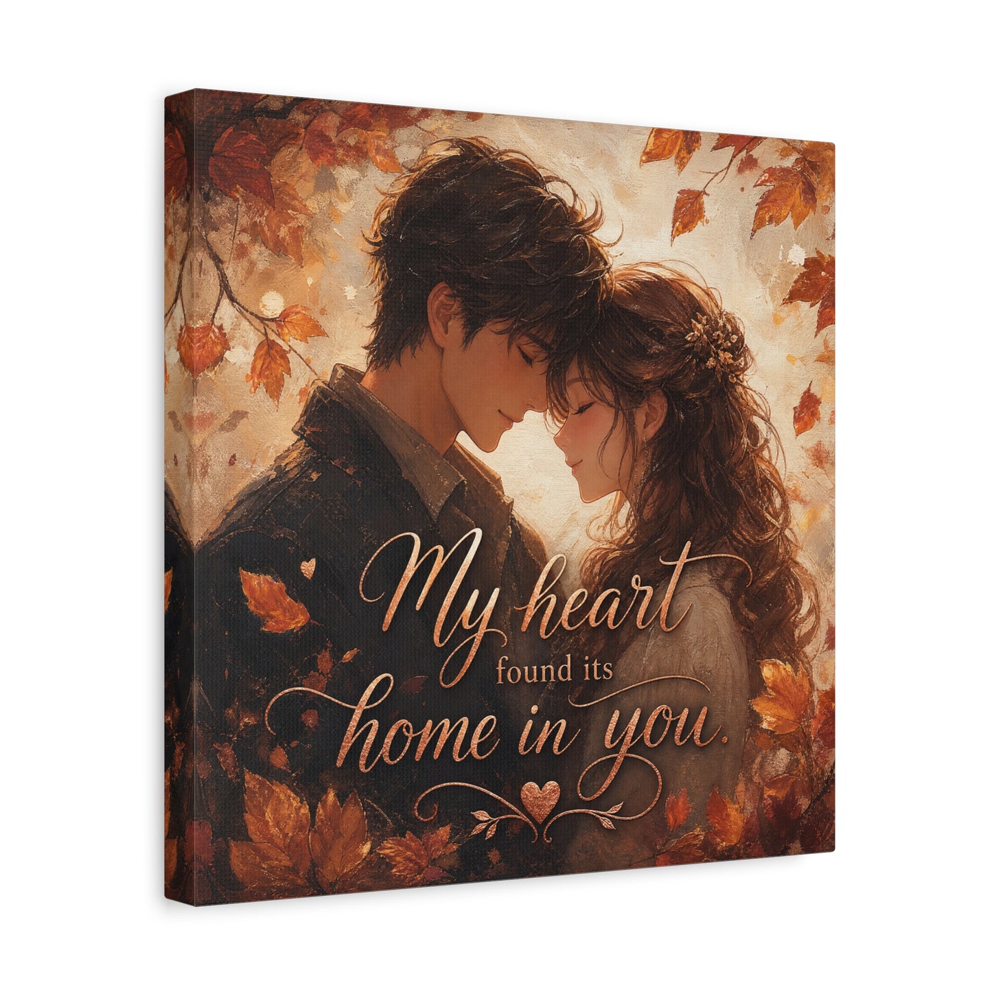 "My Heart Found Its Home In You" Romantic Couple Canvas Wall Art - Autumn Leaves Love Quote Print, Warm Rustic Traditional Style - Bedroom Wall Decor - Ready to Hang - Bedroom Home Decoration