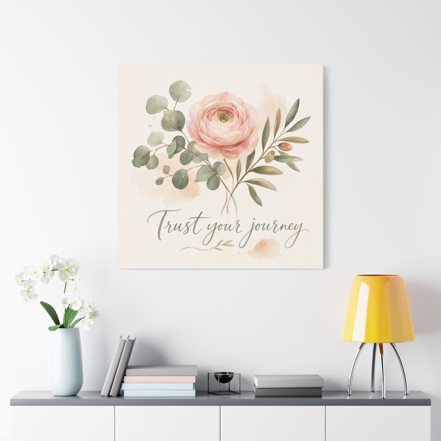 "Trust Your Journey" Floral Canvas Wall Art - Blush Rose, Eucalyptus Botanical Watercolor - Inspirational Home Decor - Bedroom Wall Hanging, Modern Farmhouse Style, Office Accent - Ready to Hang