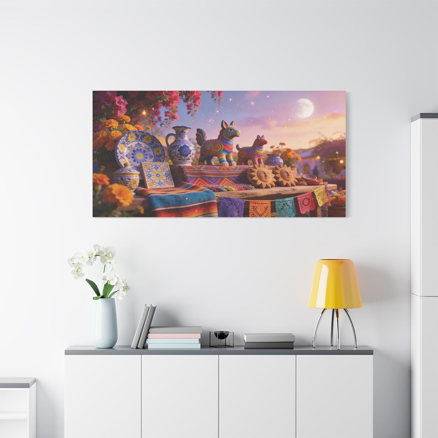 Talavera Pottery Folk Art Canvas Wall Art - Colorful Mexican Table Still Life, Moonlit Fiesta Decor - Matte Cotton Print - Bohemian Living Room Wall Decor, Dining Room Accent - Bedroom Home Decoration