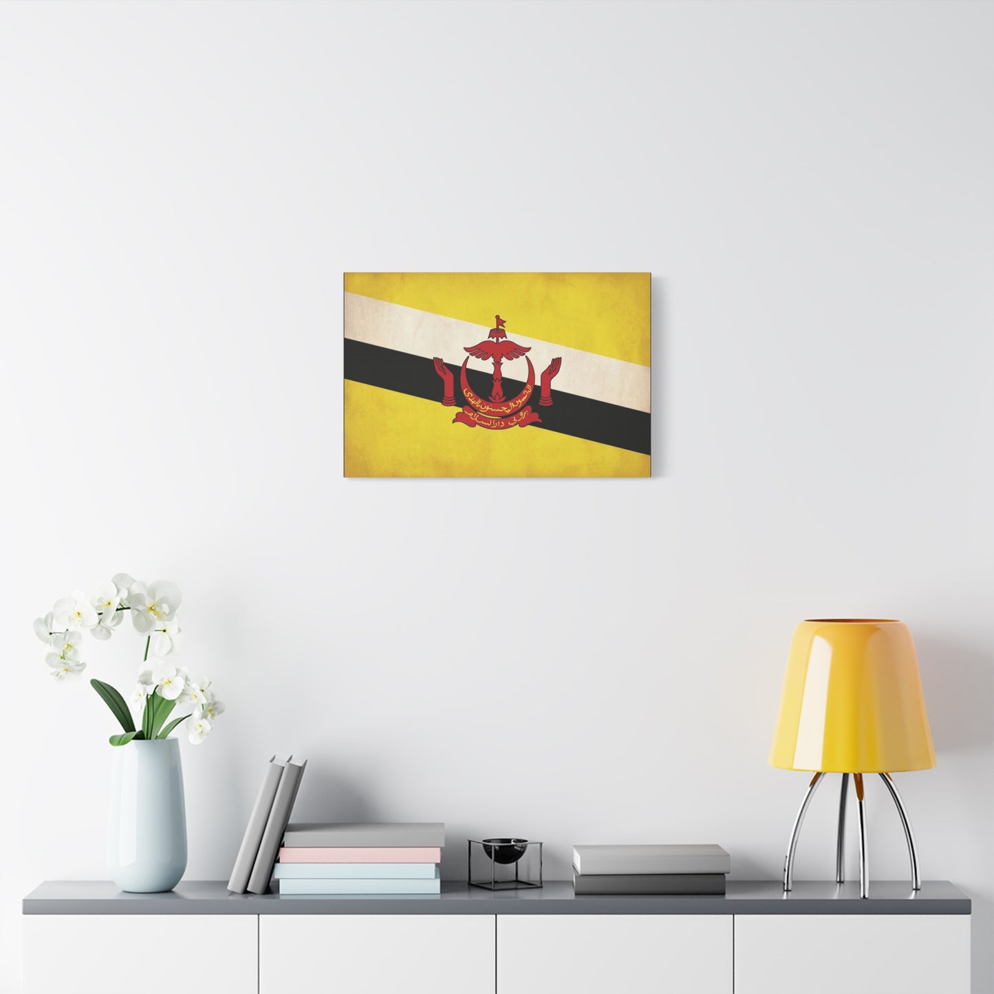 Brunei Flag Canvas Wall Art - Yellow White Black Banner, Red Crest Print - Vintage Patriotic Decor - Living Room Wall Decor, Bedroom Home Decoration - Bedroom Home Decoration - Modern Farmhouse Style