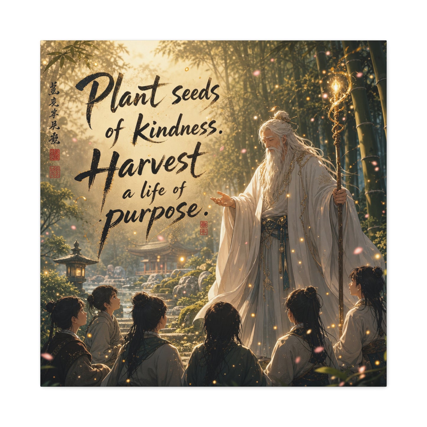 "Plant Seeds Of Kindness. Harvest A Life Of Purpose." Zen Canvas Wall Art - Wise Elder In Bamboo Garden, Inspirational Typography Print - Traditional Style, Bedroom Meditation Decor - Office Wall Art