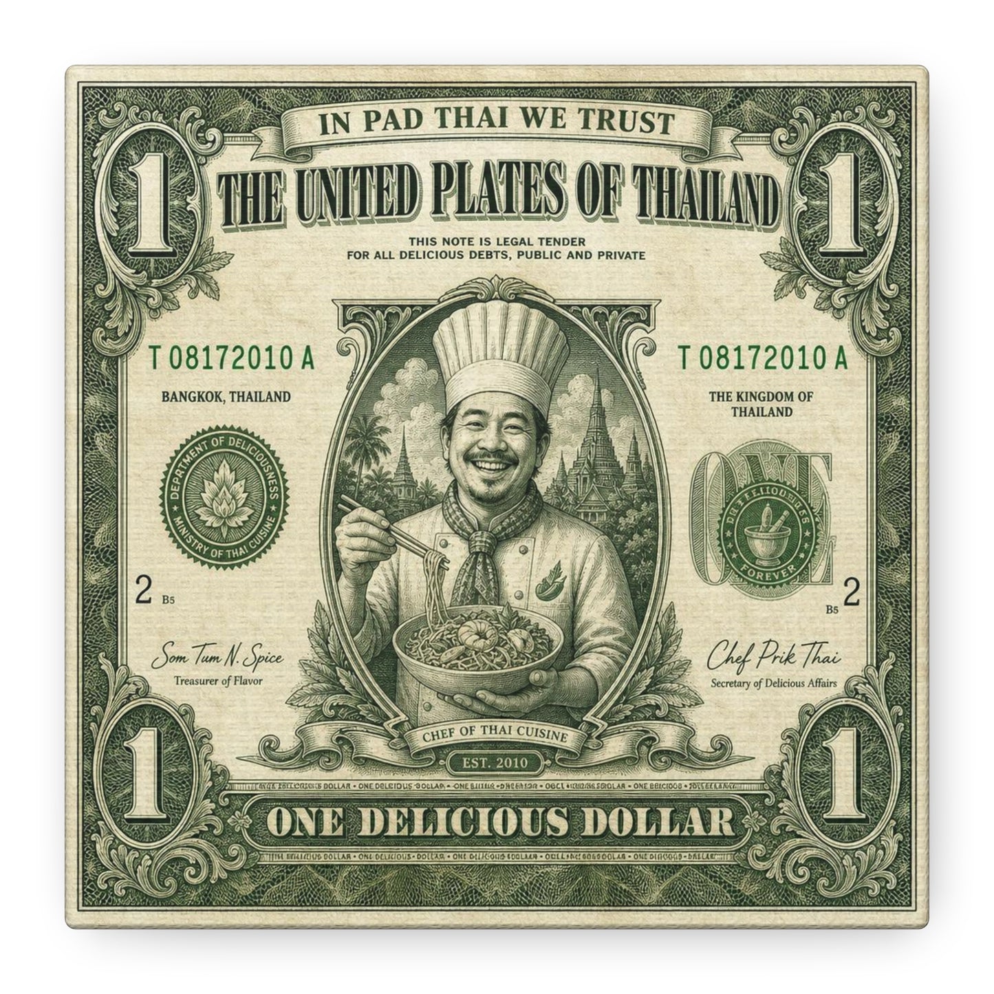 "In Pad Thai We Trust" Typography Canvas Wall Art - Vintage Thai Currency Illustration, Chef Portrait, Bangkok Thailand Food Poster Style - Kitchen Wall Decor, Dining Room Accent - Ready to Hang