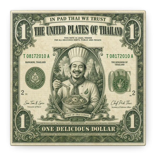 "In Pad Thai We Trust" Typography Canvas Wall Art - Vintage Thai Currency Illustration, Chef Portrait, Bangkok Thailand Food Poster Style - Kitchen Wall Decor, Dining Room Accent - Ready to Hang