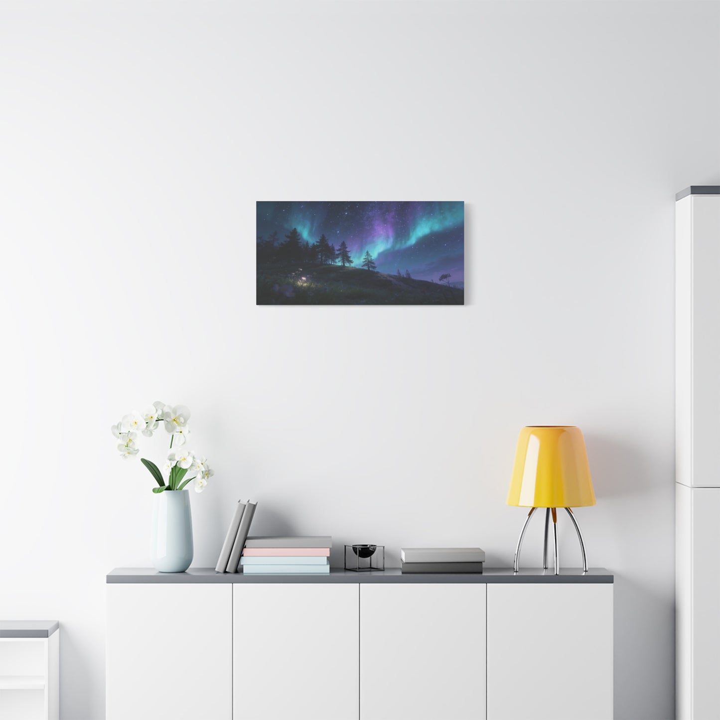 Northern Lights Canvas Wall Art - Aurora Borealis Night Sky Landscape Print, Starry Forest Meadow, Calming Contemporary Decor - Living Room Wall Decor, Bedroom Home Decoration - Modern Farmhouse Style
