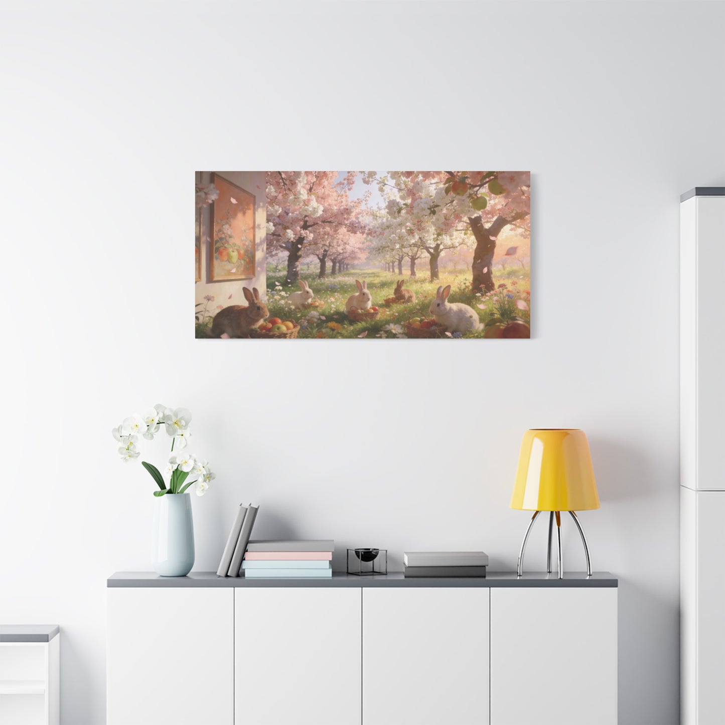 Cherry Blossom Rabbit Canvas Wall Art - Spring Orchard Bunnies, Apple Basket Meadow Scene - Matte Cotton Print, Pastel Floral Style - Bedroom Wall Decor, Nursery Home Decoration - Ready to Hang