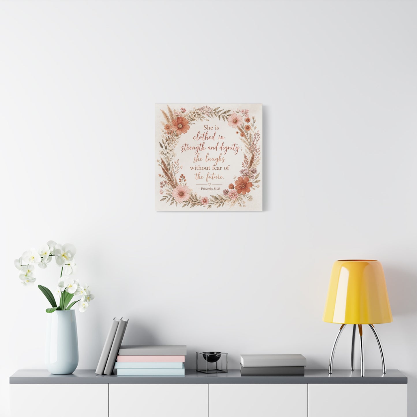 "She Is Clothed In Strength And Dignity" Floral Canvas Wall Art - Proverbs 31:25 Scripture Quote, Blush Wildflower Wreath, Farmhouse Style, Bedroom Wall Decor - Bedroom Home Decoration - Ready to Hang