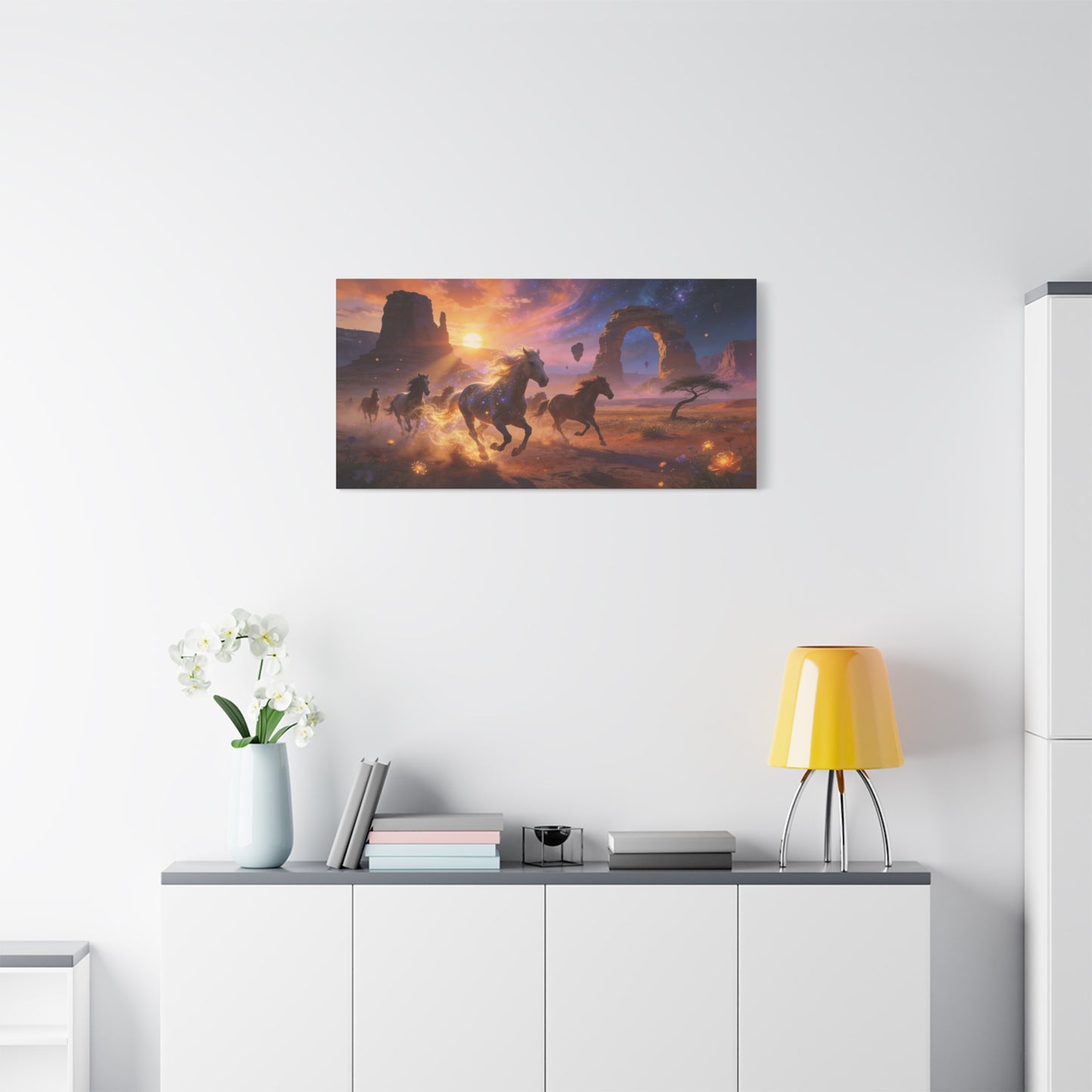 Celestial Wild Horses Canvas Wall Art - Fantasy Desert Arch Sunset, Glowing Galaxy Sky - Matte Cotton Print - Contemporary Landscape Style - Living Room Wall Decor - Bedroom Home Decoration
