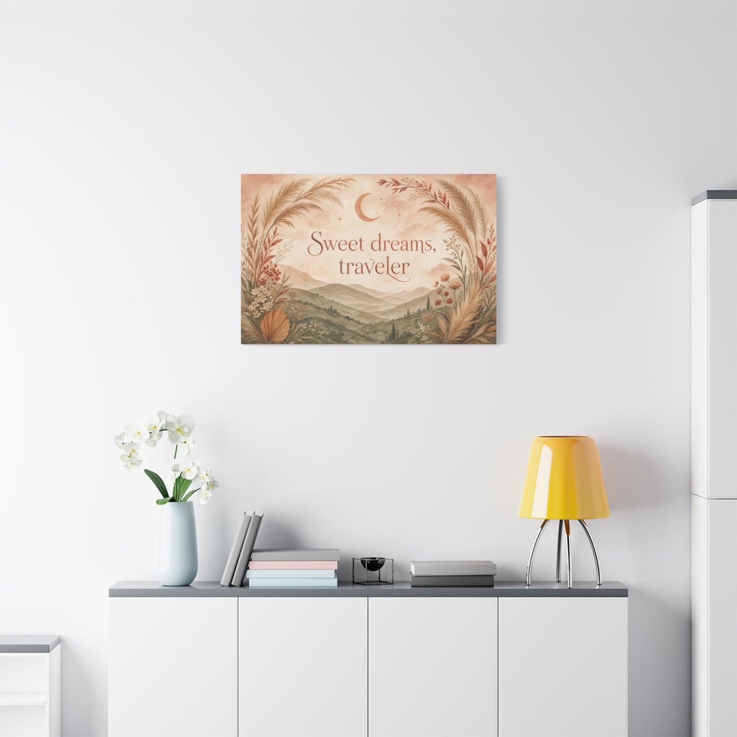 "Sweet Dreams, Traveler" Canvas Wall Art - Boho Moon Mountain Landscape Print - Neutral Botanical Bedroom Decor - Rustic Contemporary Wall Hanging - Ready to Hang - Bedroom Home Decoration