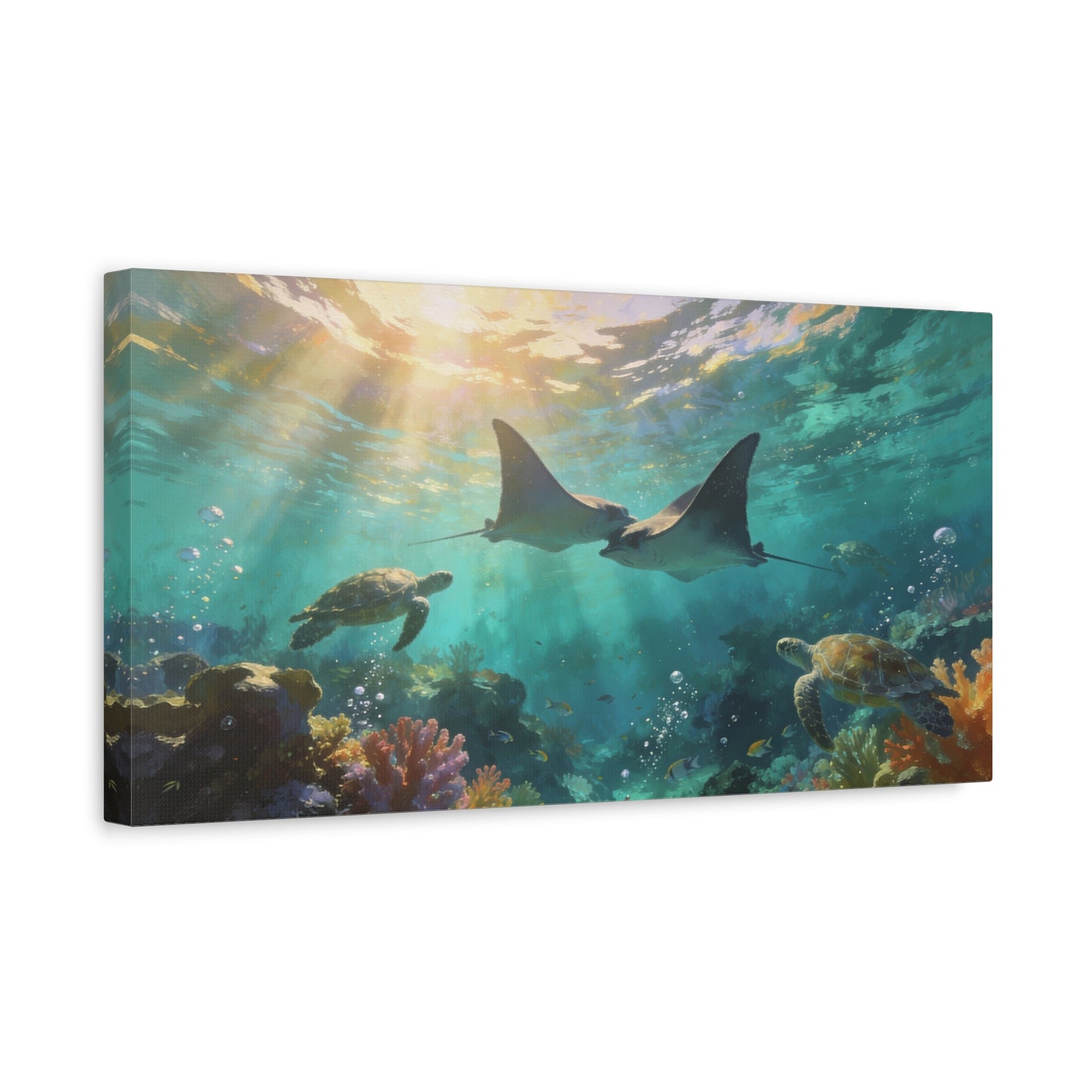 Manta Ray And Sea Turtle Canvas Wall Art - Underwater Ocean Reef Scene, Coastal Wall Decor - Matte Cotton Canvas Print - Contemporary Seascape Style - Living Room Bedroom Office - Ready to Hang