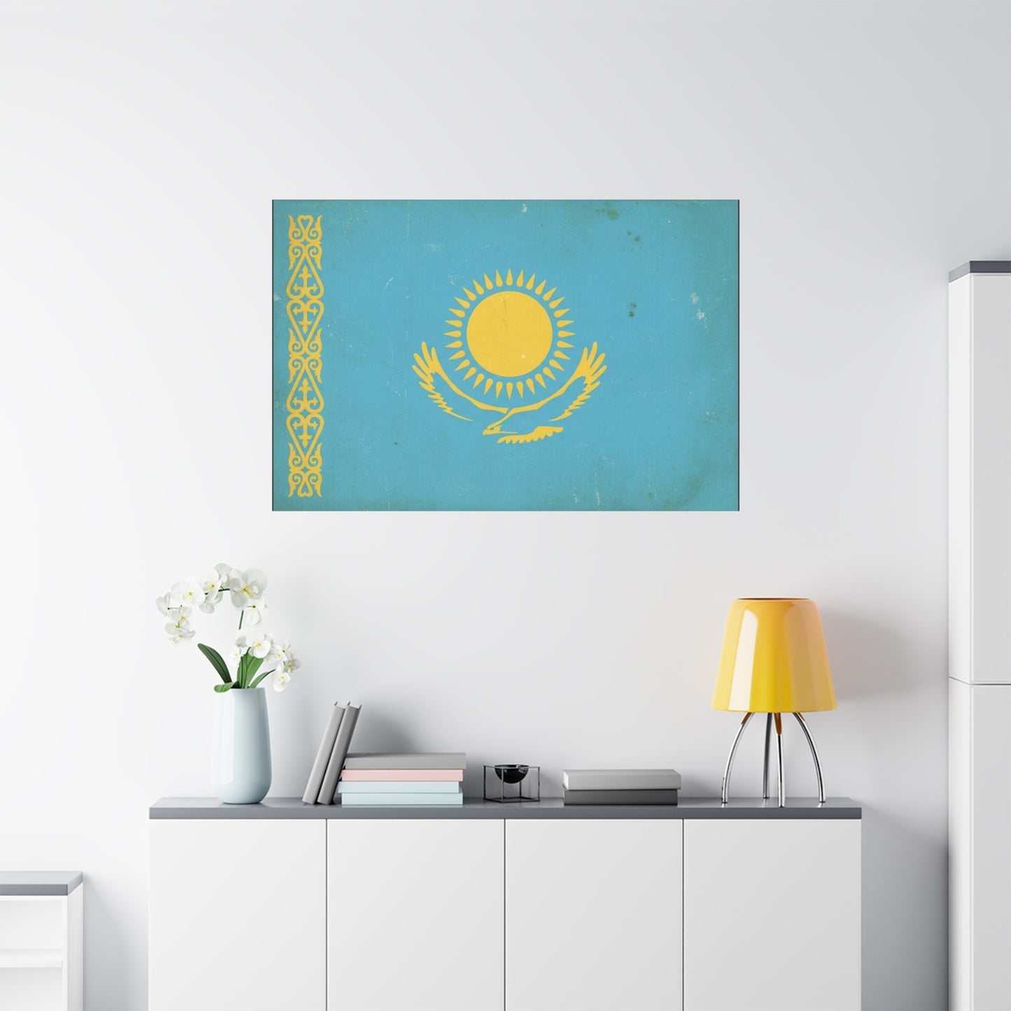Kazakhstan Flag Canvas Wall Art - Blue And Gold Sun Eagle Emblem, Vintage Nation Print - Matte Cotton Artwork, Patriotic Living Room Wall Decor, Office Art Accent Style - Bedroom Home Decoration