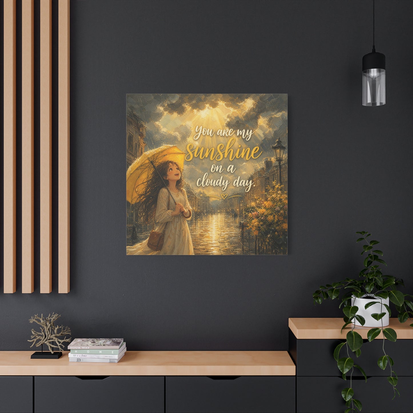 "You Are My Sunshine On A Cloudy Day" Canvas Wall Art - Girl With Yellow Umbrella Quote Print - Golden Rainy Street Painting, Inspirational Decor - Bedroom Home Decoration - Living Room Wall Decor