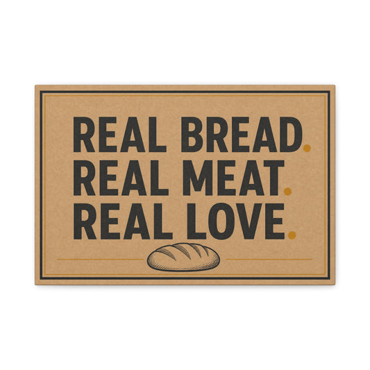 "Real Bread. Real Meat. Real Love." Canvas Wall Art - Rustic Typography Food Sign - Farmhouse Neutral Canvas Print - Bakery Style - Ready to Hang - Deli Wall Decor - Sandwich Shop Sign - Diner Decor