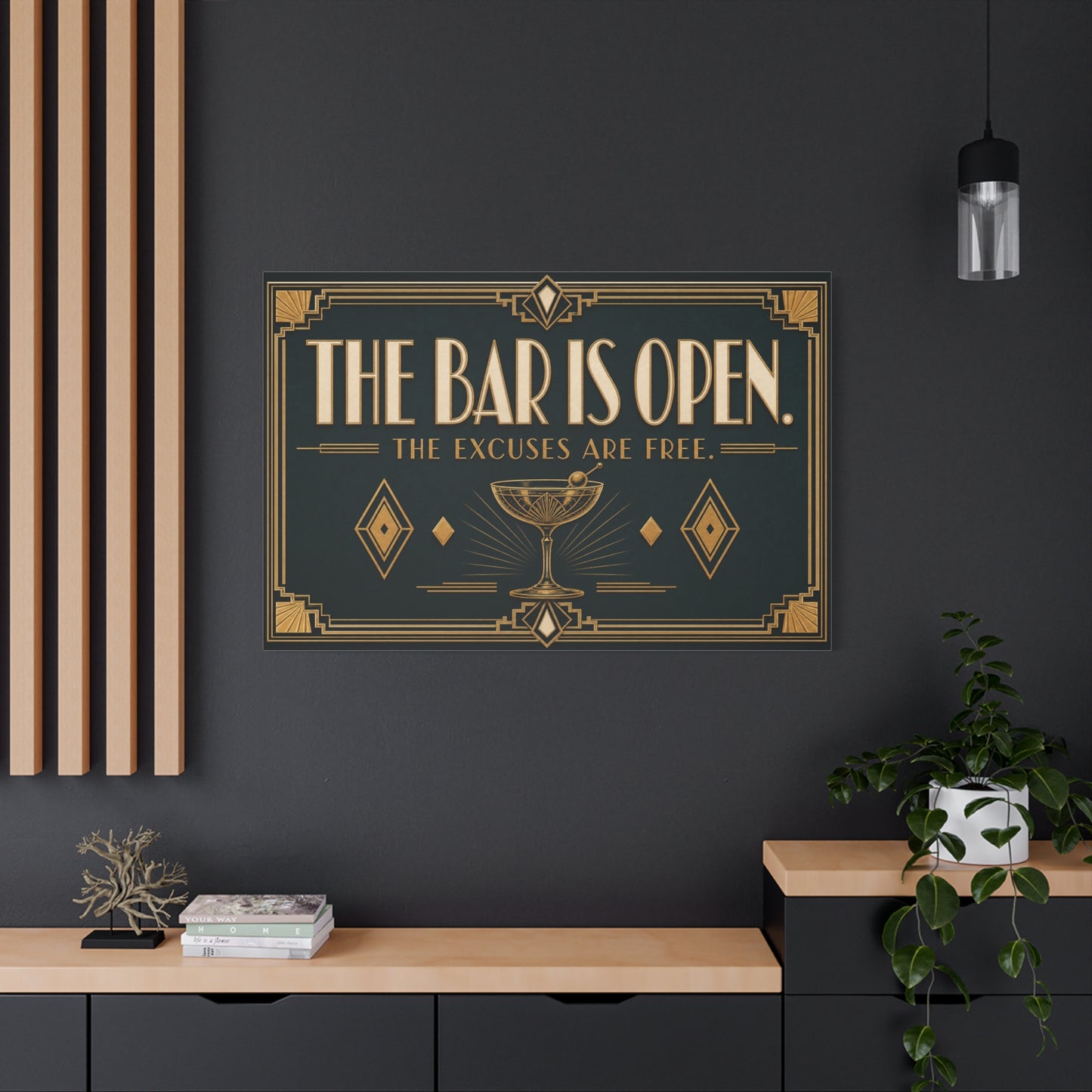 "The Bar Is Open. The Excuses Are Free." Art Deco Canvas Wall Art - Cocktail Lounge Quote Print, Vintage Bar Cart Decor, Speakeasy Style - Ready to Hang - Tavern Wall Decor - Speakeasy Style Sign